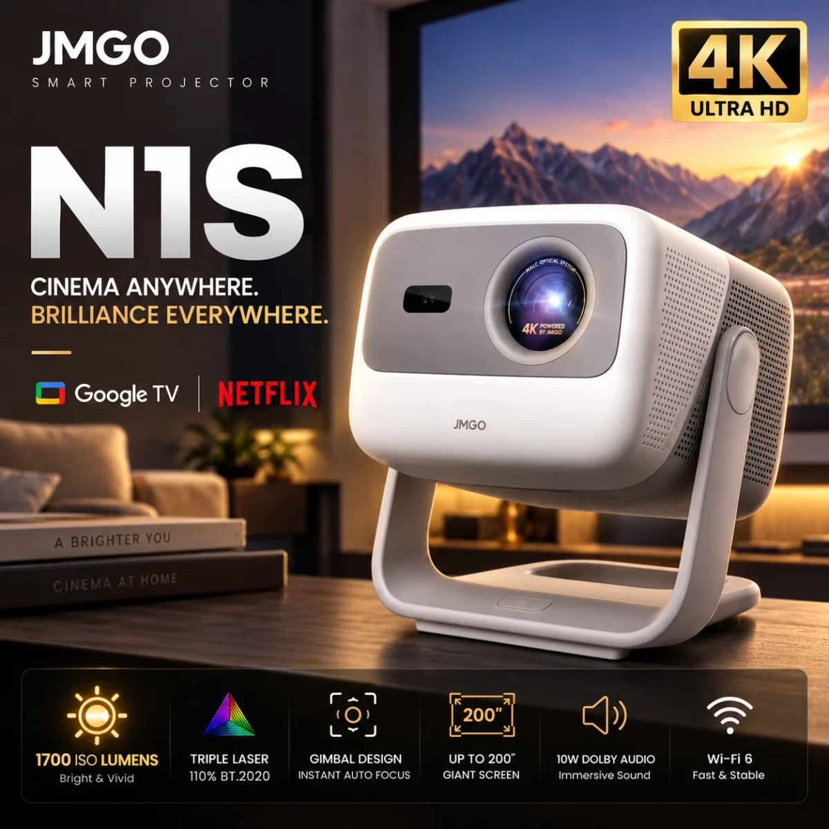 JMGO N1S 4K Triple Laser Portable Projector Google TV Netflix 1700 ISO HDR10 3D